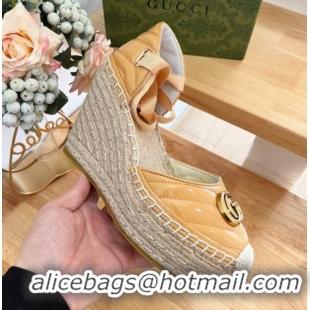 Low Cost Gucci Chevron Patent Leather Wedge Platform Espadrilles 10cm with Lace Apricot 0125099