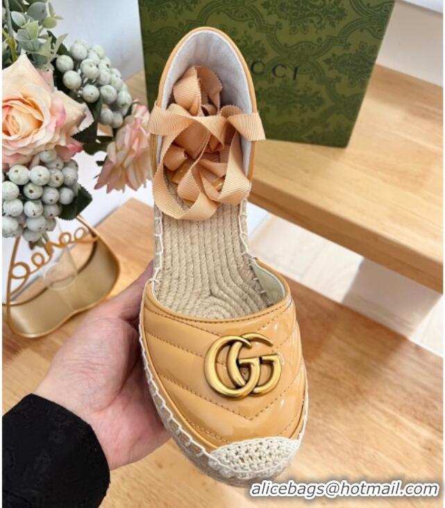 Low Cost Gucci Chevron Patent Leather Wedge Platform Espadrilles 10cm with Lace Apricot 0125099