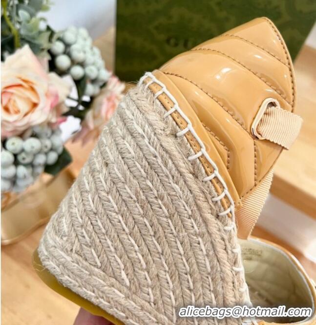 Low Cost Gucci Chevron Patent Leather Wedge Platform Espadrilles 10cm with Lace Apricot 0125099