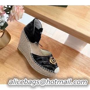 Low Price Gucci Chevron Patent Leather Wedge Platform Espadrilles 10cm with Lace Black 0125100