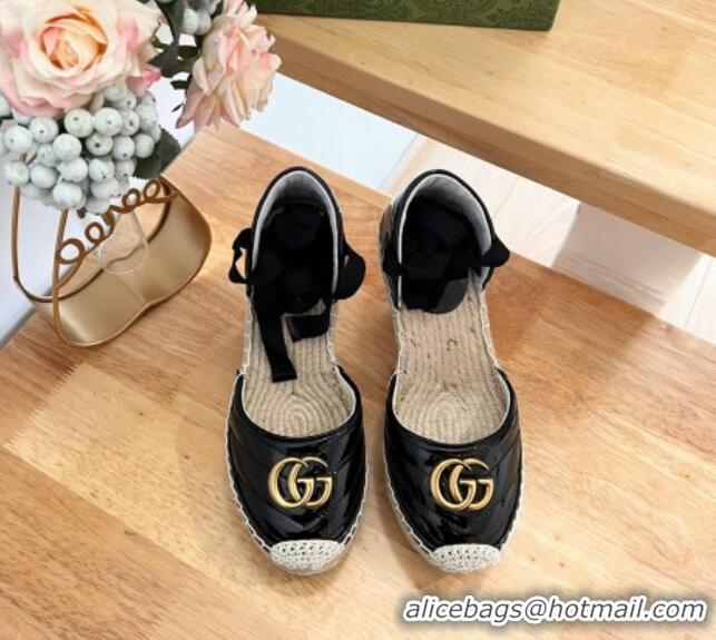 Low Price Gucci Chevron Patent Leather Wedge Platform Espadrilles 10cm with Lace Black 0125100