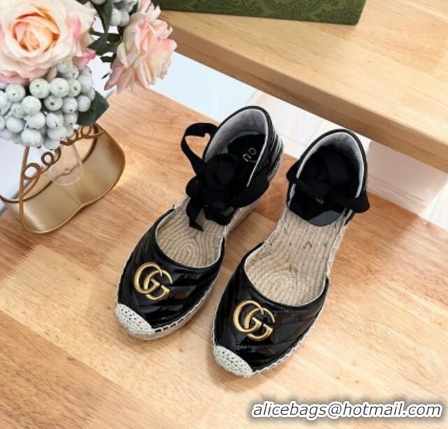 Low Price Gucci Chevron Patent Leather Wedge Platform Espadrilles 10cm with Lace Black 0125100