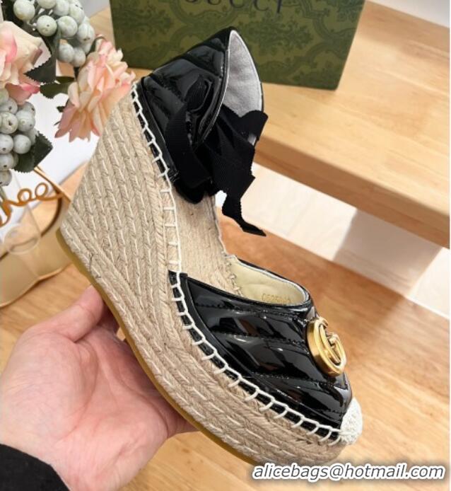 Low Price Gucci Chevron Patent Leather Wedge Platform Espadrilles 10cm with Lace Black 0125100