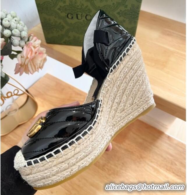 Low Price Gucci Chevron Patent Leather Wedge Platform Espadrilles 10cm with Lace Black 0125100