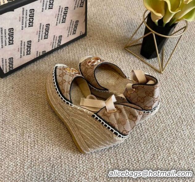 Top Design Gucci GG Canvas Wedge Platform Espadrilles 10cm with Lace Beige 0125101