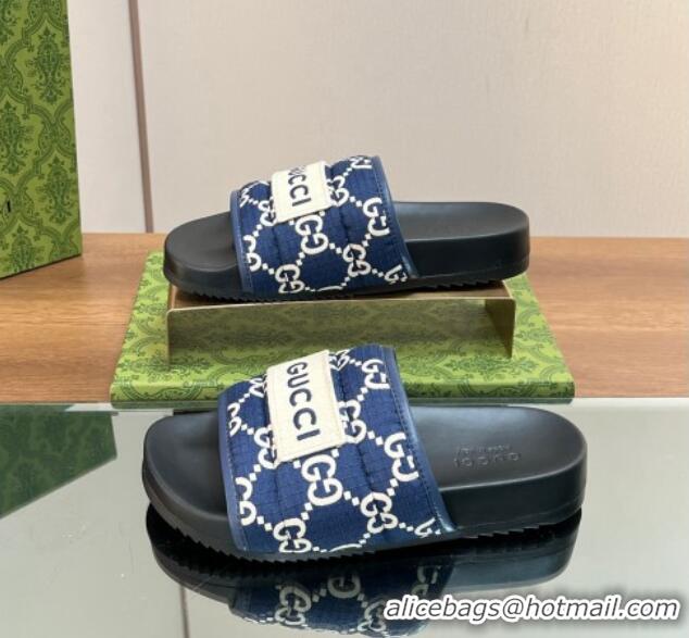 Top Grade Gucci GG Flat Slide Sandals Navy Blue 127037