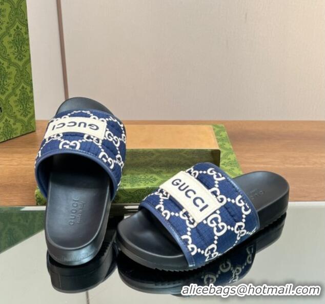 Top Grade Gucci GG Flat Slide Sandals Navy Blue 127037