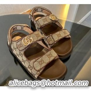 Best Grade Gucci Double G Canvas Flat Sandals Beige/Brown 127038