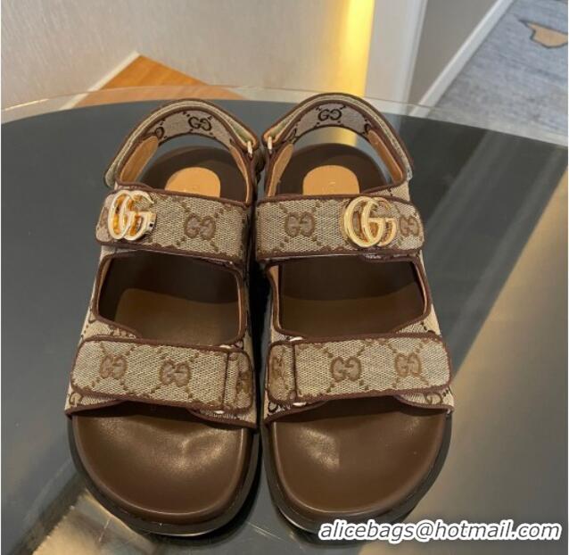 Best Grade Gucci Double G Canvas Flat Sandals Beige/Brown 127038