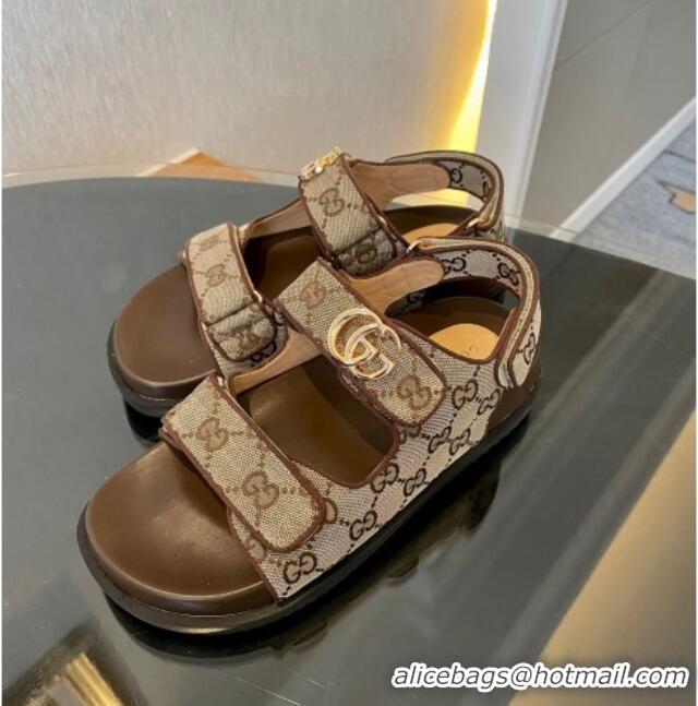 Best Grade Gucci Double G Canvas Flat Sandals Beige/Brown 127038