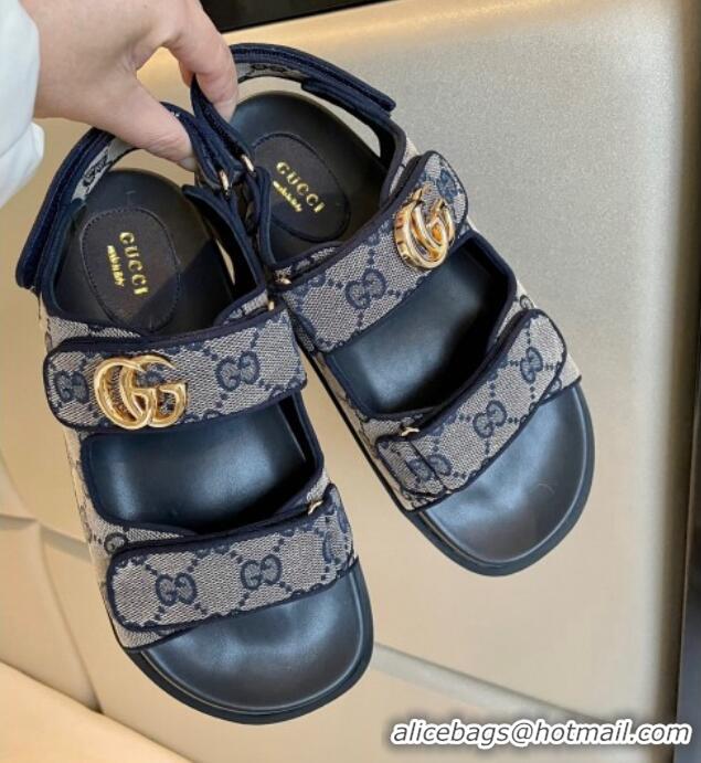 Good Looking Gucci Double G Canvas Flat Sandals Grey/Blue 127039