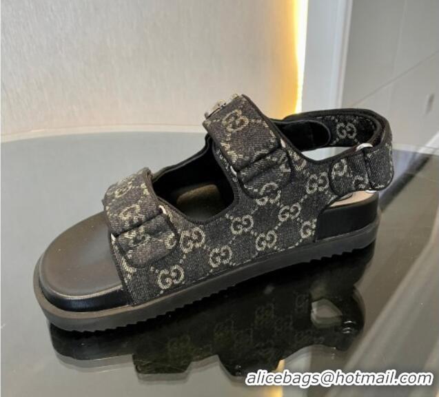 Low Price Gucci Black Double G Denim Flat Sandals 127040