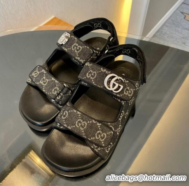 Low Price Gucci Black Double G Denim Flat Sandals 127040