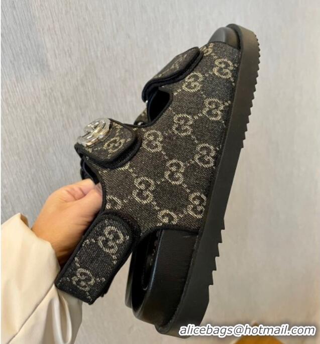 Low Price Gucci Black Double G Denim Flat Sandals 127040