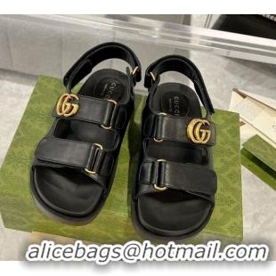 Good Quality Gucci Double G Black Leather Flat Sandals 127041