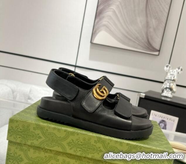 Good Quality Gucci Double G Black Leather Flat Sandals 127041