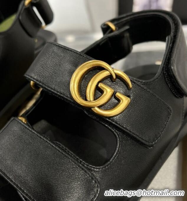 Good Quality Gucci Double G Black Leather Flat Sandals 127041