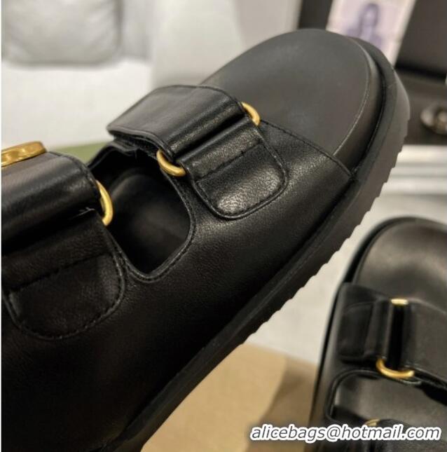 Good Quality Gucci Double G Black Leather Flat Sandals 127041