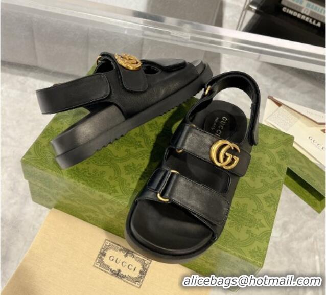 Good Quality Gucci Double G Black Leather Flat Sandals 127041