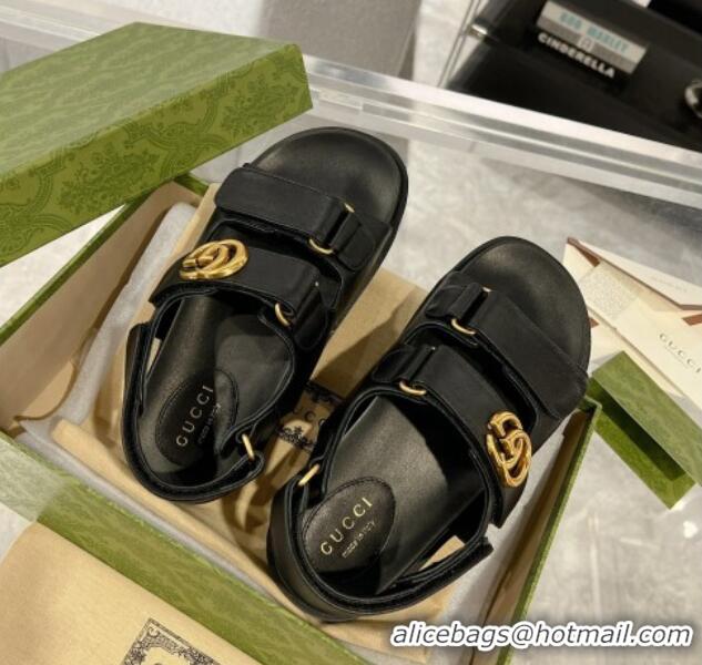 Good Quality Gucci Double G Black Leather Flat Sandals 127041