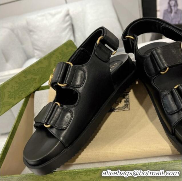 Good Quality Gucci Double G Black Leather Flat Sandals 127041