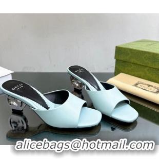 Best Price Gucci Interlocking G Leather Heel Slide Sandals 6cm Light Blue 0127045