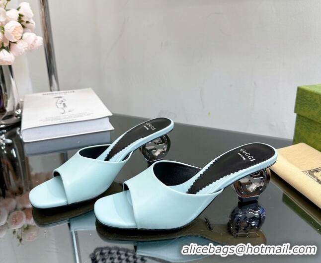 Best Price Gucci Interlocking G Leather Heel Slide Sandals 6cm Light Blue 0127045