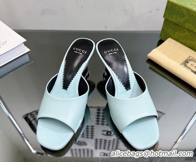 Best Price Gucci Interlocking G Leather Heel Slide Sandals 6cm Light Blue 0127045