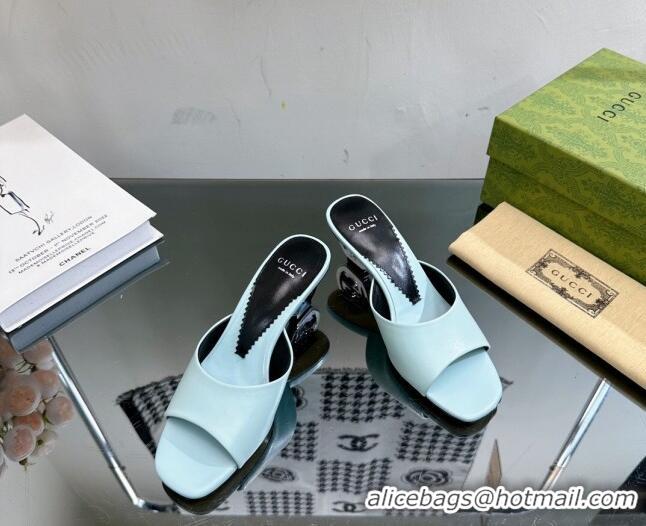 Best Price Gucci Interlocking G Leather Heel Slide Sandals 6cm Light Blue 0127045