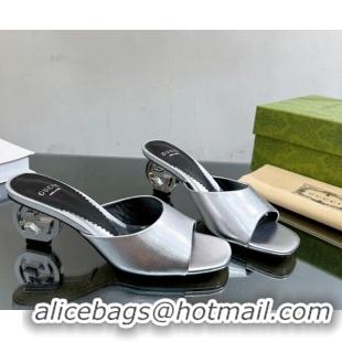 Best Grade Gucci Interlocking G Leather Heel Slide Sandals 6cm Silver 0127050