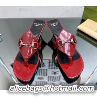 Top Grade Gucci Horsebit Heel Thong Slide Sandals 4.5cm in Shiny Leather Red 0127051