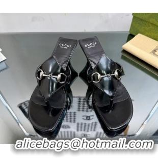 Low Cost Gucci Horsebit Heel Thong Slide Sandals 4.5cm in Shiny Leather Black 127052