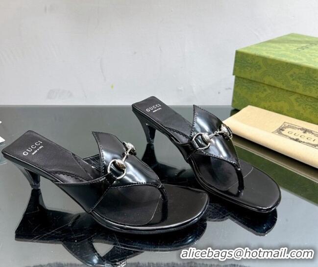 Low Cost Gucci Horsebit Heel Thong Slide Sandals 4.5cm in Shiny Leather Black 127052