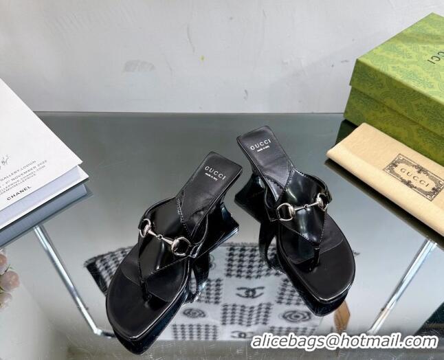 Low Cost Gucci Horsebit Heel Thong Slide Sandals 4.5cm in Shiny Leather Black 127052