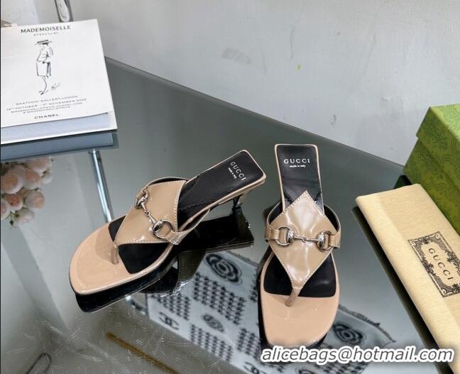 Unique Style Gucci Horsebit Heel Thong Slide Sandals 4.5cm in Shiny Leather Nude 127053