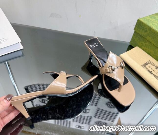 Unique Style Gucci Horsebit Heel Thong Slide Sandals 4.5cm in Shiny Leather Nude 127053