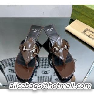 Grade Quality Gucci Horsebit Heel Thong Slide Sandals 4.5cm in Shiny Leather Brown 127054