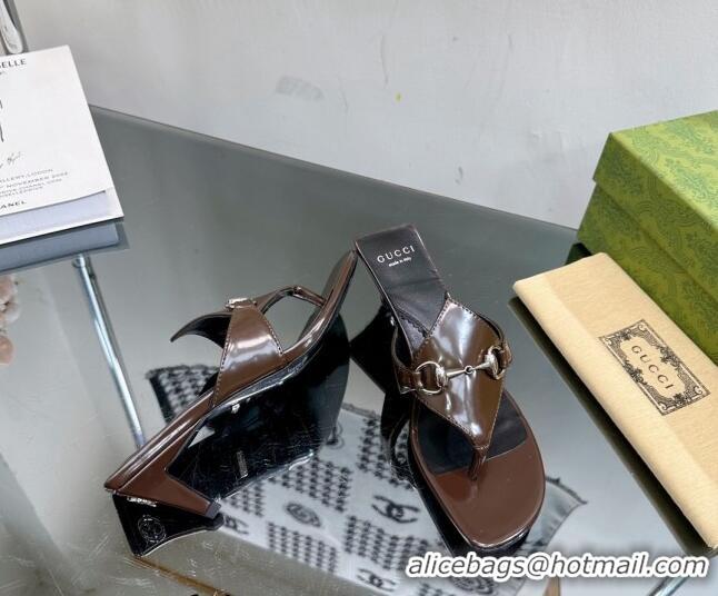 Grade Quality Gucci Horsebit Heel Thong Slide Sandals 4.5cm in Shiny Leather Brown 127054