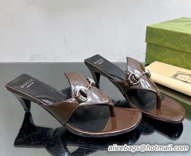 Grade Quality Gucci Horsebit Heel Thong Slide Sandals 4.5cm in Shiny Leather Brown 127054