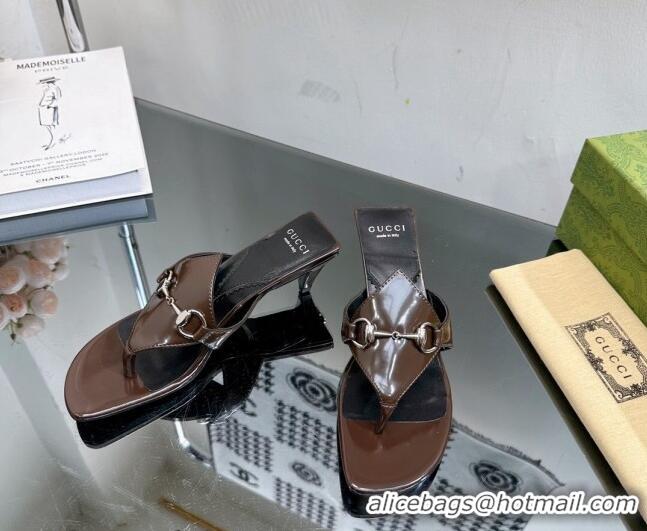 Grade Quality Gucci Horsebit Heel Thong Slide Sandals 4.5cm in Shiny Leather Brown 127054