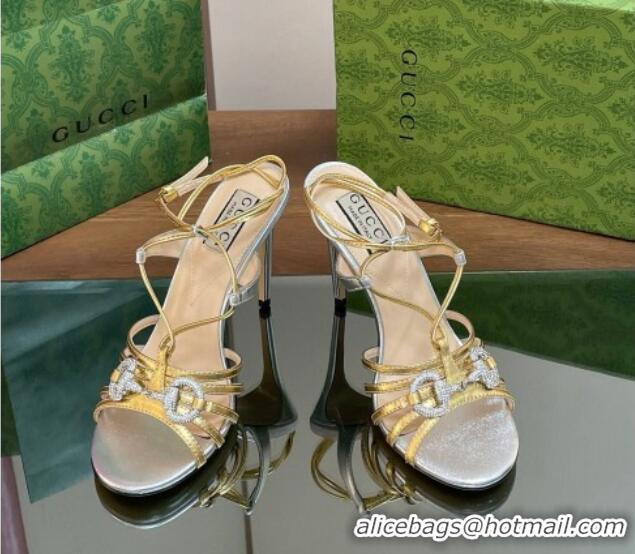 Top Grade Gucci Horsebit Leather Sandals 8.5cm with Crystals Gold/Silver 127066