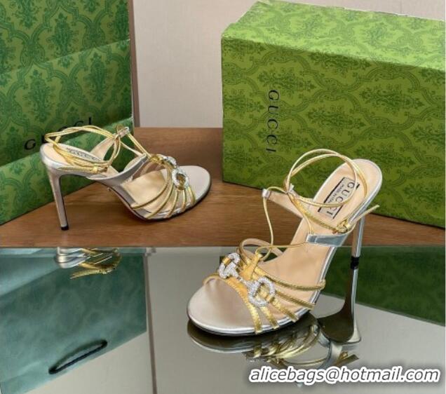 Top Grade Gucci Horsebit Leather Sandals 8.5cm with Crystals Gold/Silver 127066