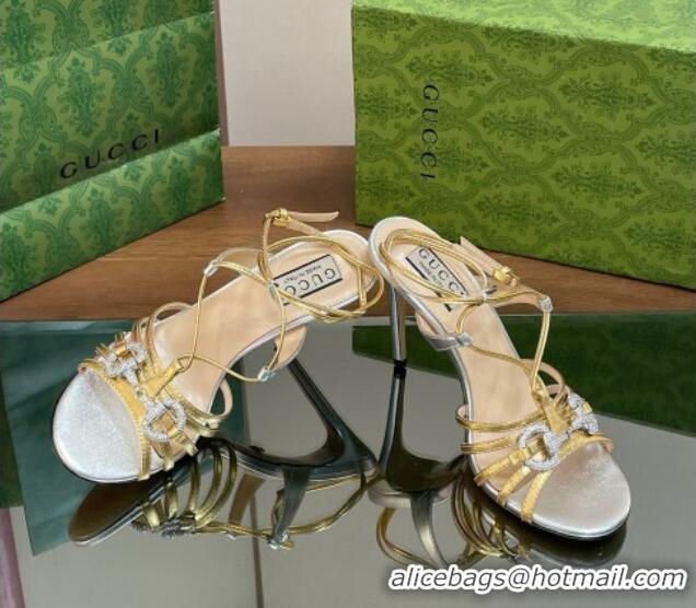 Top Grade Gucci Horsebit Leather Sandals 8.5cm with Crystals Gold/Silver 127066