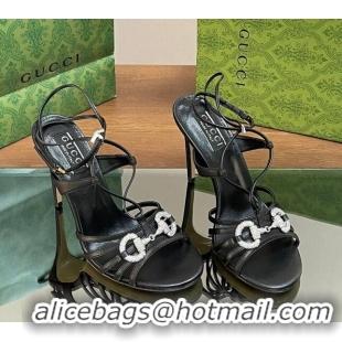 Unique Style Gucci Horsebit Leather Sandals 8.5cm with Crystals Black 127067