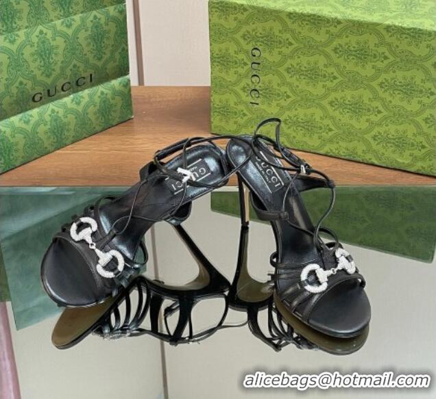 Unique Style Gucci Horsebit Leather Sandals 8.5cm with Crystals Black 127067