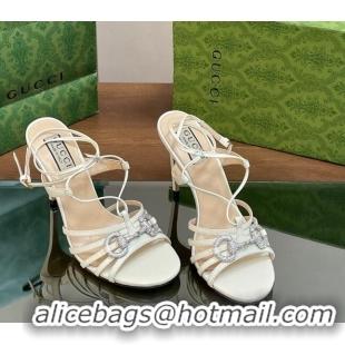 Luxurious Gucci Horsebit Leather Sandals 8.5cm with Crystals White 0127068