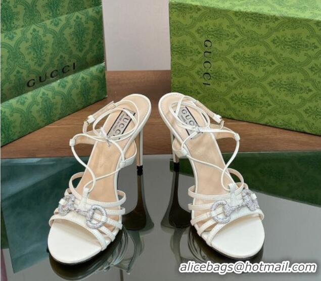 Luxurious Gucci Horsebit Leather Sandals 8.5cm with Crystals White 0127068