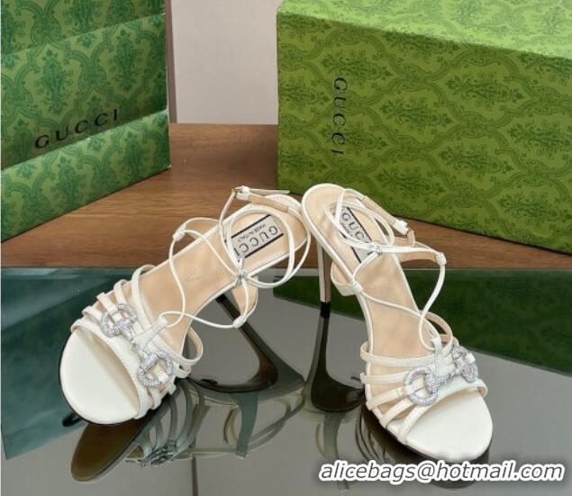 Luxurious Gucci Horsebit Leather Sandals 8.5cm with Crystals White 0127068