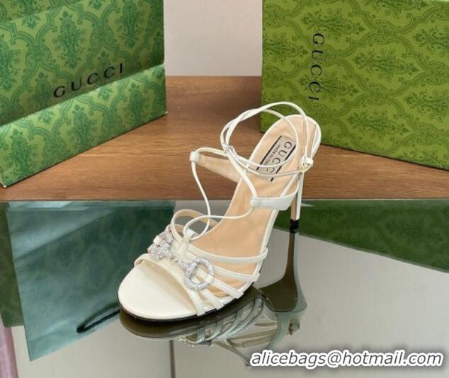 Luxurious Gucci Horsebit Leather Sandals 8.5cm with Crystals White 0127068