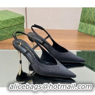 Best Price Gucci Satin Slingback Pumps 8.5cm with Crystals Black 0127069